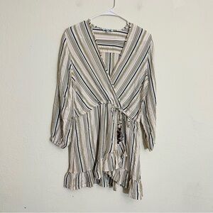 Blue Island Long Sleeve V-Neck Casual Mini Dress Rayon/Metallic Small Tan/Cream